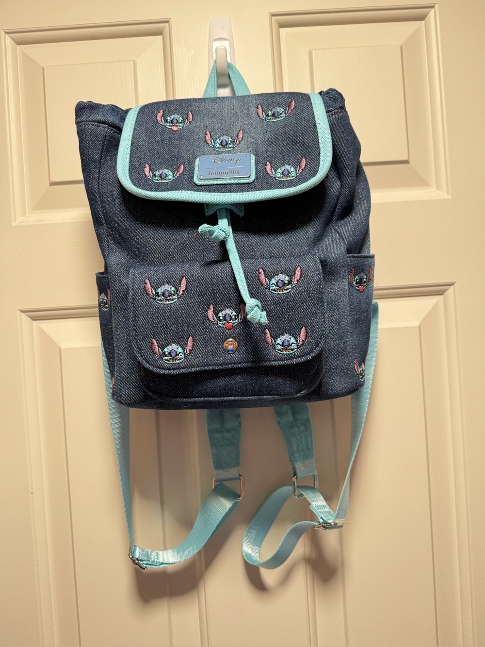 Disney Loungefly Stitch Blue Denim Embroidered Mini Backpack Adjustable Straps